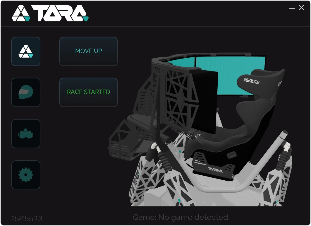 TORQ Control — live 3D view of the EVO 2 platform with MOVE UP and RACE STARTED controls