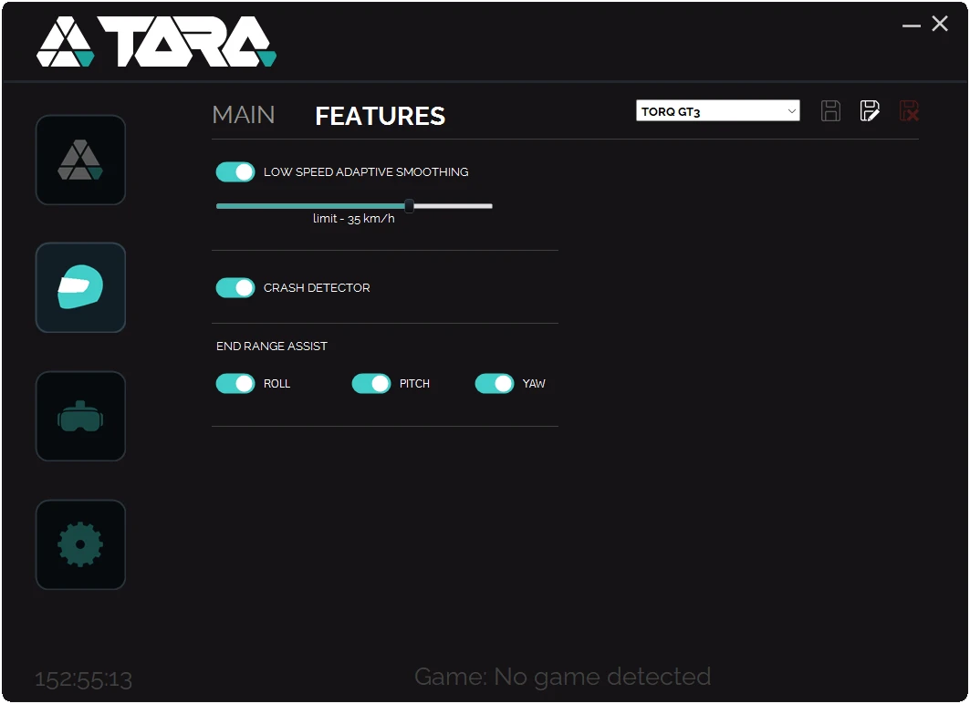 TORQ Control features panel — low speed adaptive smoothing, crash detector and end range assist toggles