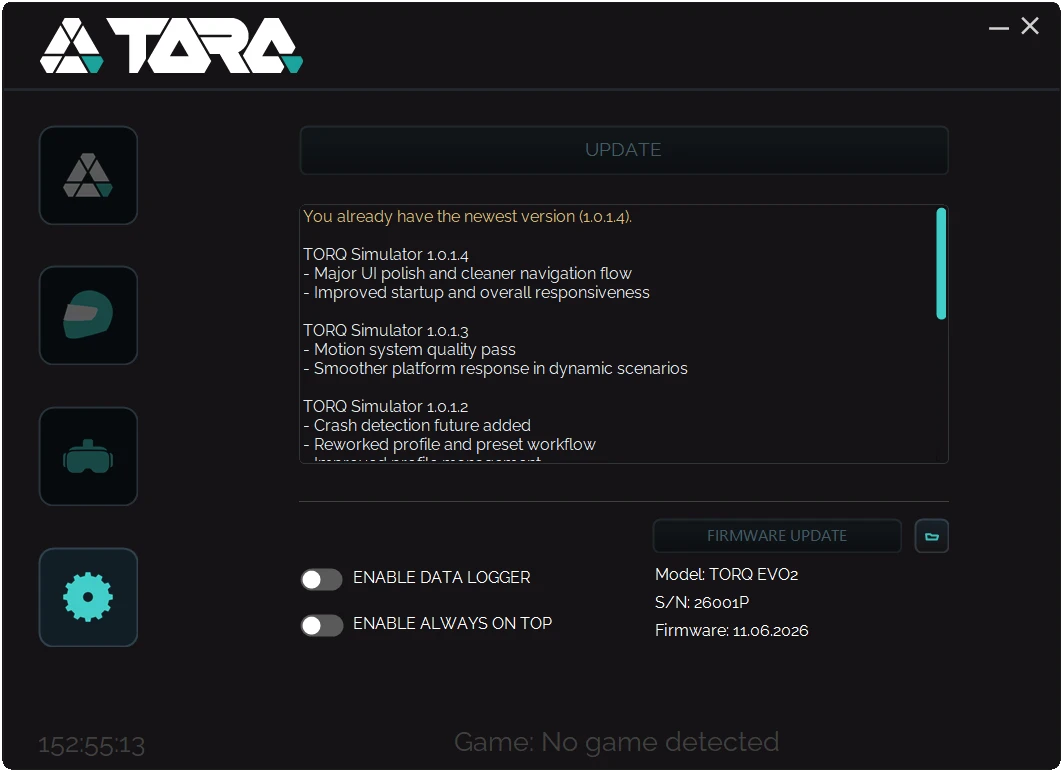 TORQ Control update panel with version history, firmware update and diagnostics options