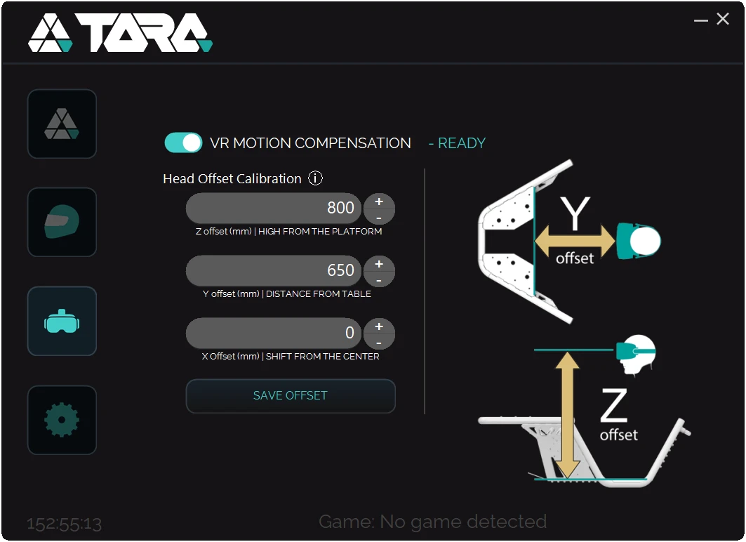 TORQ Control VR motion compensation — head offset calibration with seating diagram
